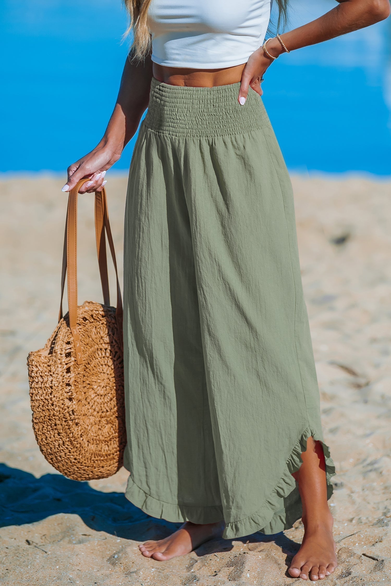 CORAL | Pantalón ancho con volantes
