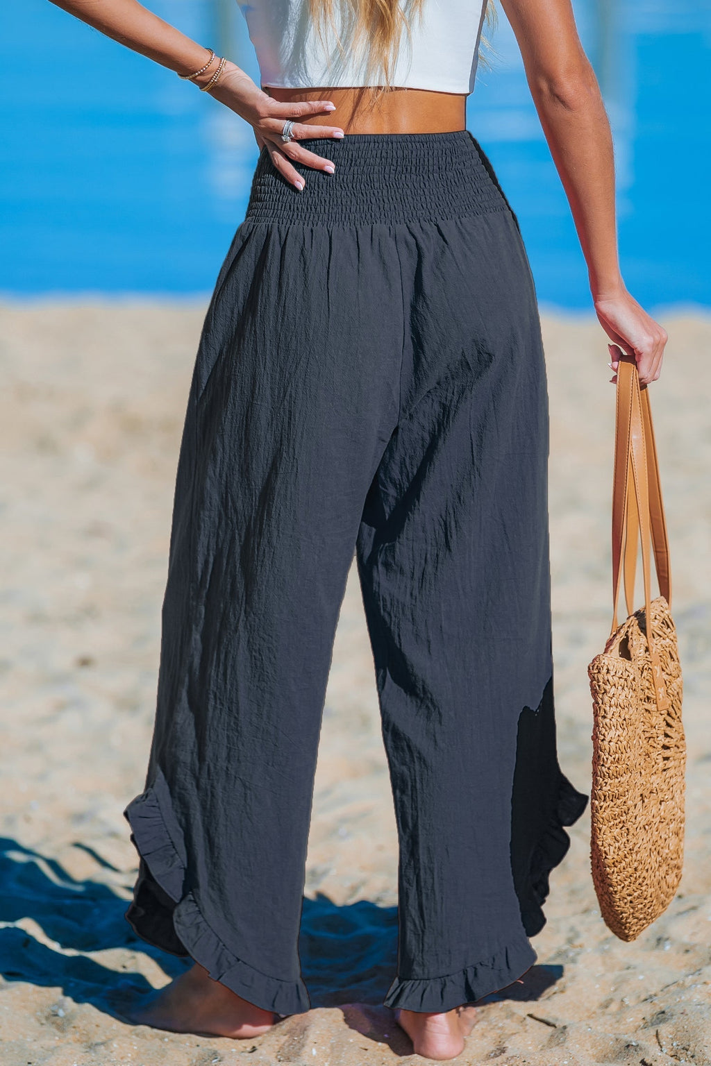 CORAL | Pantalón ancho con volantes