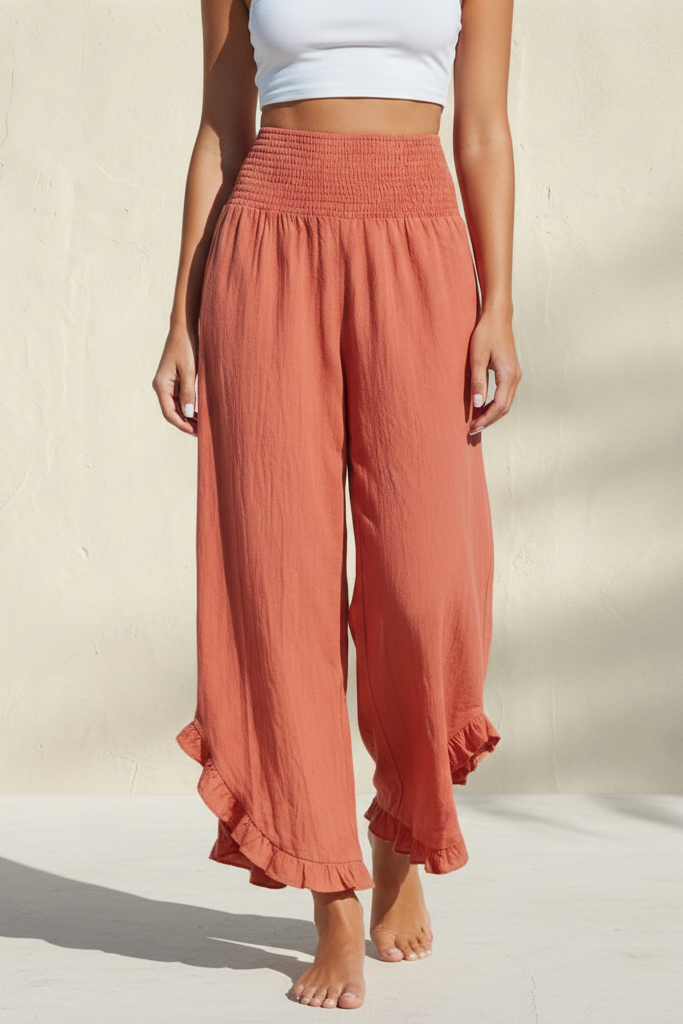 CORAL | Pantalón ancho con volantes